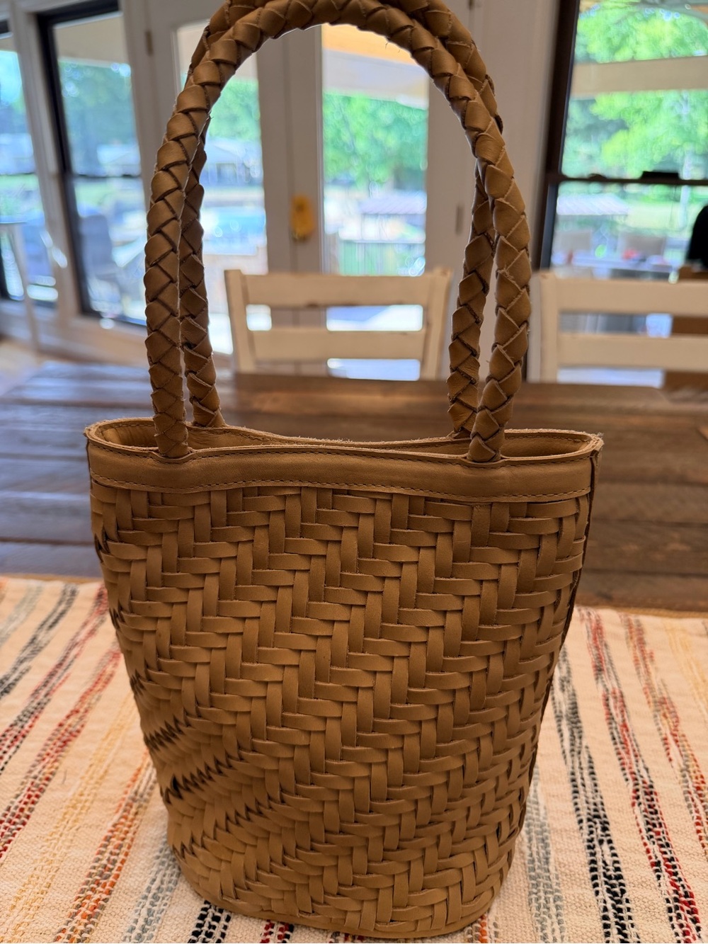 Bembien Ella Woven Leather Bucket Bag Tote + Bonus Bag Scarf - Like New - Picture 2 of 16